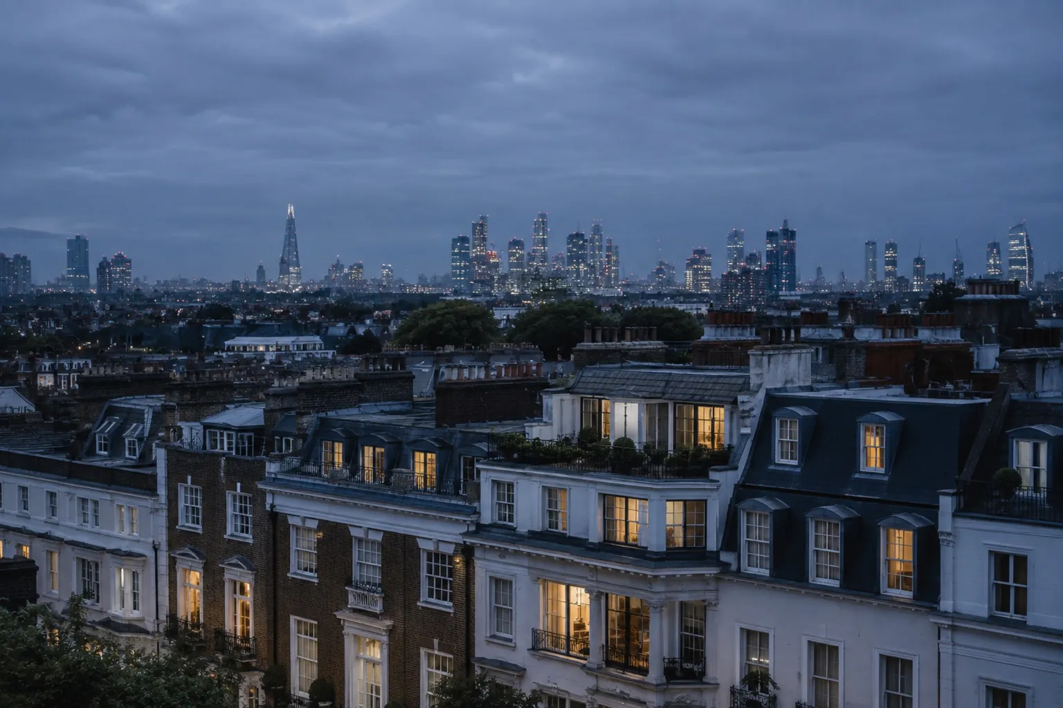 London rooftops at dusk, with the city skyline in the distance