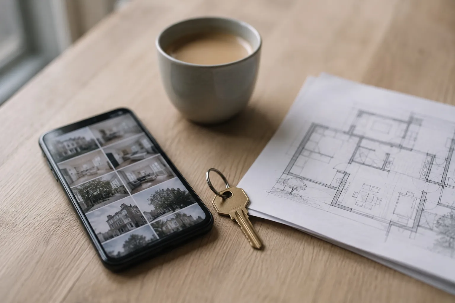 A phone showing photos of a home, next to a house key and a floor plan sketch